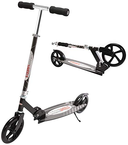 ChromeWheels Kick Scooter, Deluxe 8" Large 2-Wheels Wide Deck 5 Adjustable Height with Kickstand Foldable Freestyle Pro Scooters, Best Gift for Age 6 up Kids Girls Boys Teens, 200lb Weight Limit,Black
